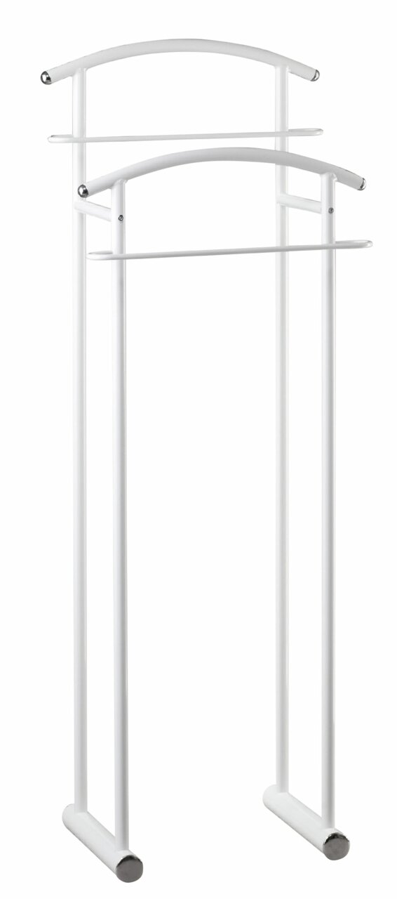 Weißer Herrendiener aus Metall mit zwei Kleiderstangen, seitliche Perspektive