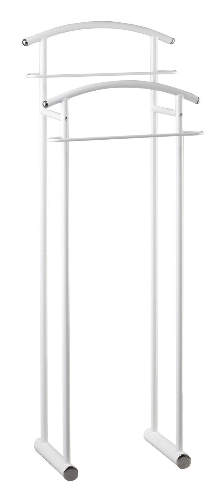 Weißer Herrendiener aus Metall mit zwei Kleiderstangen, seitliche Perspektive