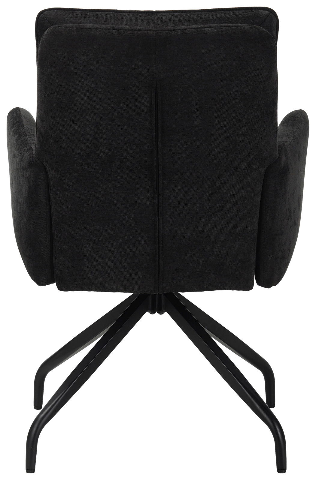 Rückansicht eines schwarzen Schwingstuhls mit Metallgestell