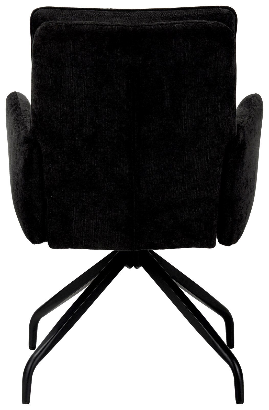 Rückansicht eines schwarzen Schwingstuhls mit Metallgestell