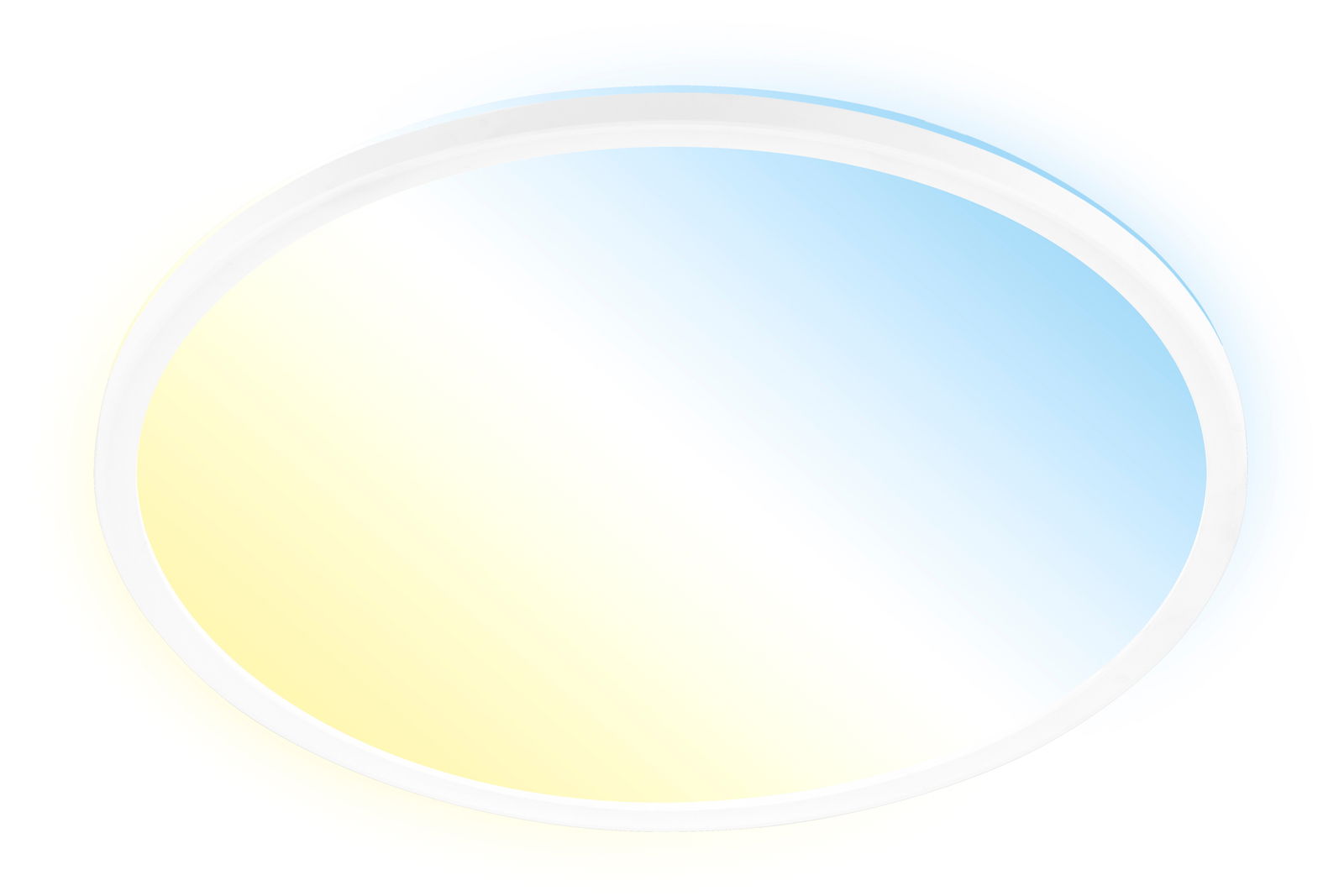 Runde LED-Deckenleuchte mit sanftem Farbverlauf von Gelb zu Blau, seitliche Perspektive