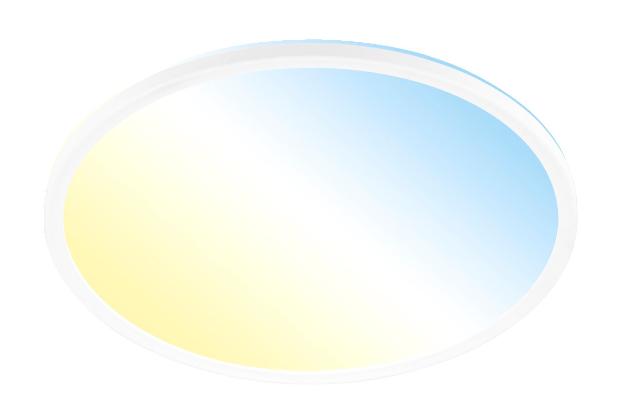 Runde LED-Deckenleuchte mit sanftem Farbverlauf von Gelb zu Blau, seitliche Perspektive