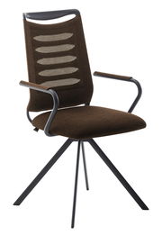 Moderner brauner Sessel mit Netzrückenlehne und Metallbeinen, seitliche Perspektive