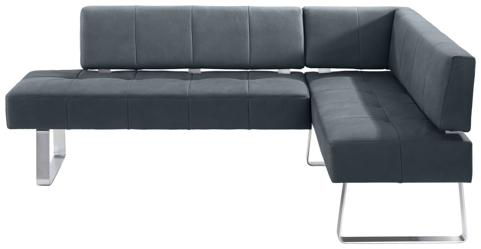 Moderne Eckbank mit dunkelgrauem Polster und Metallbeinen, Ansicht von vorne.