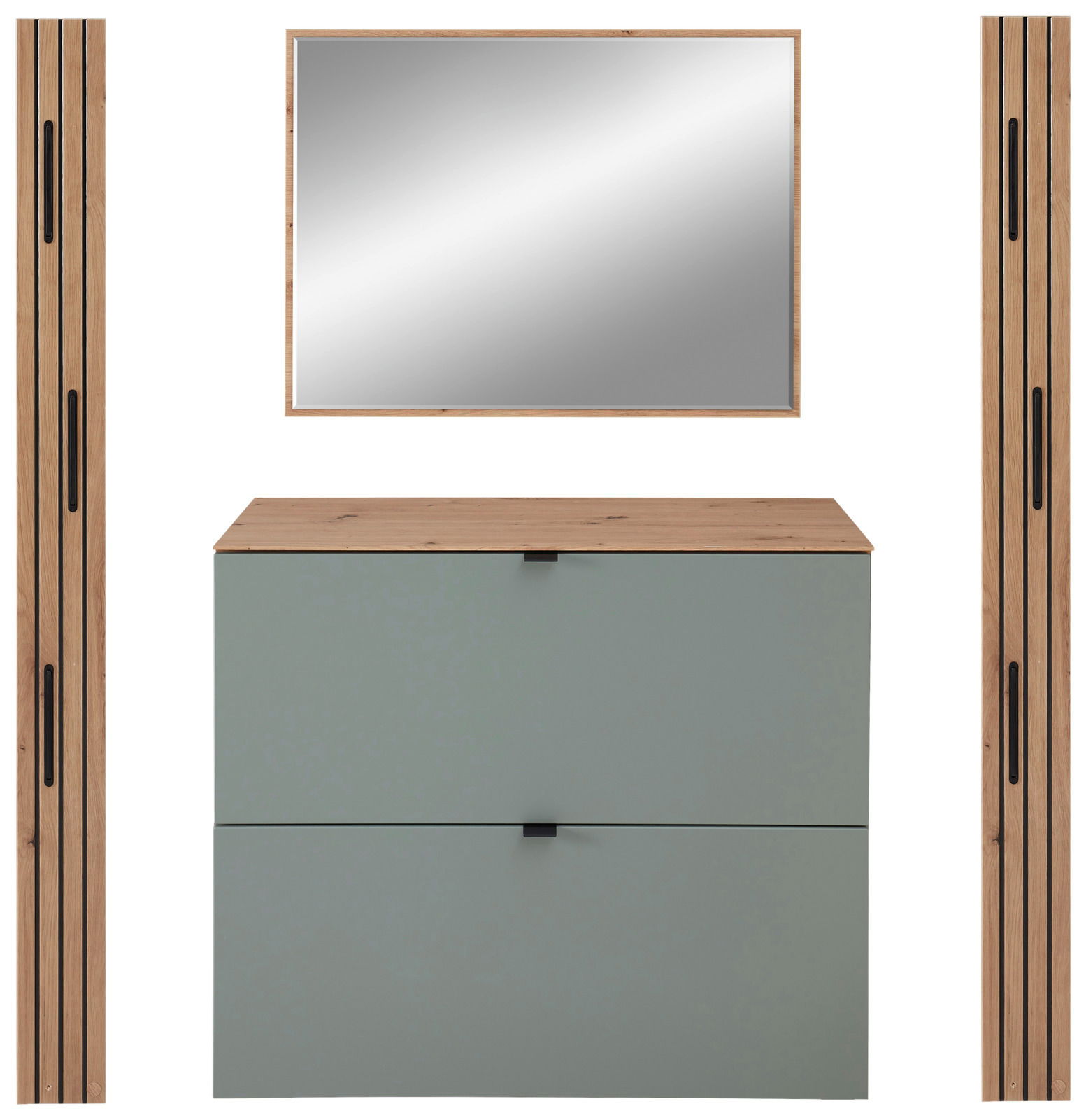 Frontale Ansicht eines modernen Garderoben-Sets mit einem rechteckigen Spiegel, zwei vertikalen Holzpaneelen und einer Kommode mit zwei Schubladen in Schilfgrün.