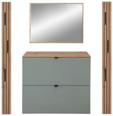 Frontale Ansicht eines modernen Garderoben-Sets mit einem rechteckigen Spiegel, zwei vertikalen Holzpaneelen und einer Kommode mit zwei Schubladen in Schilfgrün.