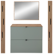 Frontale Ansicht eines modernen Garderoben-Sets mit einem rechteckigen Spiegel, zwei vertikalen Holzpaneelen und einer Kommode mit zwei Schubladen in Schilfgrün.