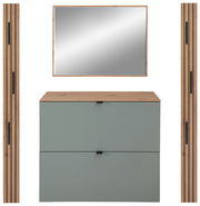 Frontale Ansicht eines modernen Garderoben-Sets mit einem rechteckigen Spiegel, zwei vertikalen Holzpaneelen und einer Kommode mit zwei Schubladen in Schilfgrün.