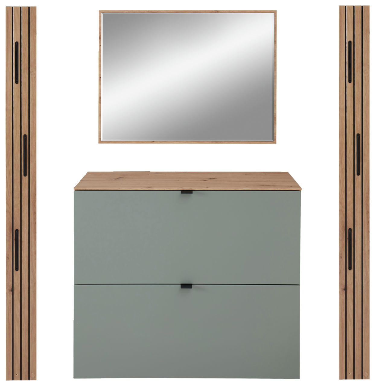 Voleo Garderoben-Set DIANA Frontale Ansicht eines modernen Garderoben-Sets mit einem rechteckigen Spiegel, zwei vertikalen Holzpaneelen und einer Kommode mit zwei Schubladen in Schilfgrün.
