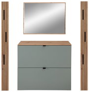 Frontale Ansicht eines modernen Garderoben-Sets mit einem rechteckigen Spiegel, zwei vertikalen Holzpaneelen und einer Kommode mit zwei Schubladen in Schilfgrün.