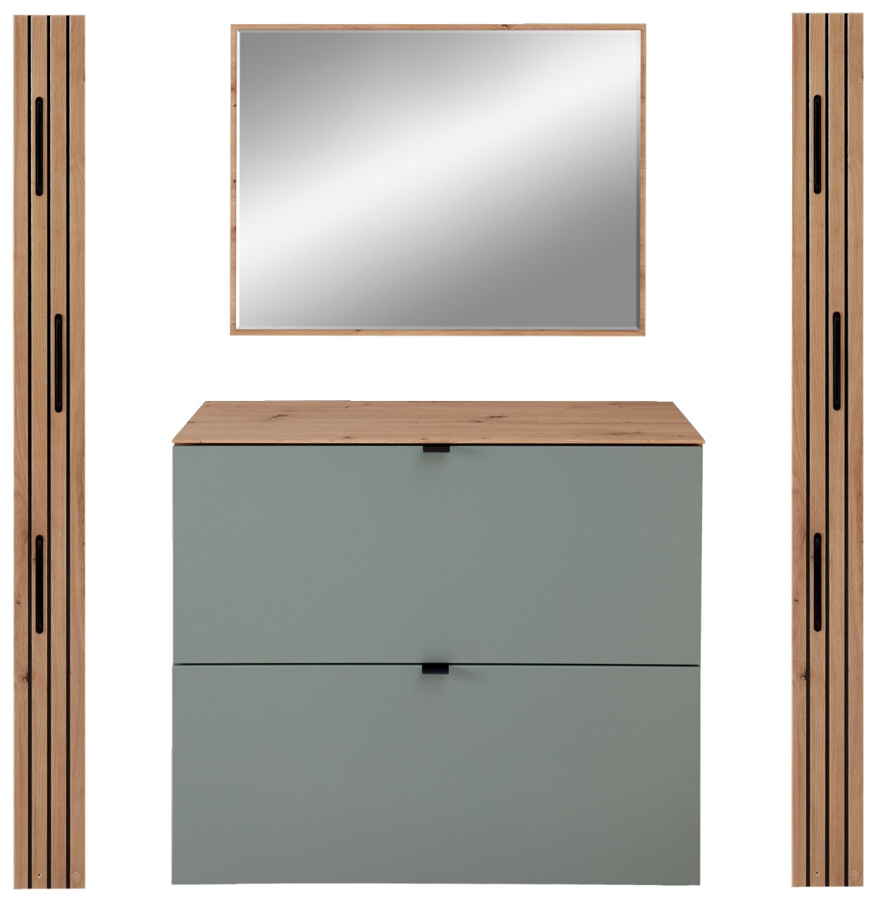 Vooraanzicht van een moderne garderobeset met een rechthoekige spiegel, twee verticale houten panelen en een ladekast met twee lades in rietgroen.