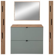 Vooraanzicht van een moderne garderobeset met een rechthoekige spiegel, twee verticale houten panelen en een ladekast met twee lades in rietgroen.