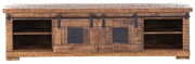 Rustikales TV-Lowboard aus Holz mit Schiebetüren und Metallakzenten, Frontalansicht