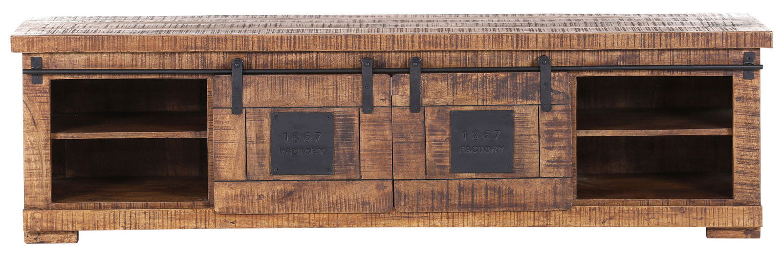 Rustikales TV-Lowboard aus Holz mit Schiebetüren und Metallakzenten, Frontalansicht
