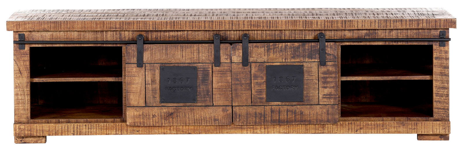 Rustikales TV-Lowboard aus Holz mit Schiebetüren und Metallakzenten, Frontalansicht
