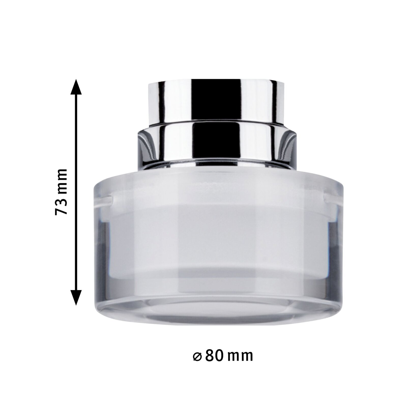 Schienenspot Topa von PAULMANN URAIL, zylindrische Form, silberne und transparente Elemente, seitliche Perspektive, Maße: Höhe 73 mm, Durchmesser 80 mm