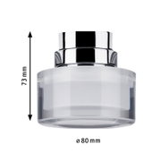 Schienenspot Topa von PAULMANN URAIL, zylindrische Form, silberne und transparente Elemente, seitliche Perspektive, Maße: Höhe 73 mm, Durchmesser 80 mm