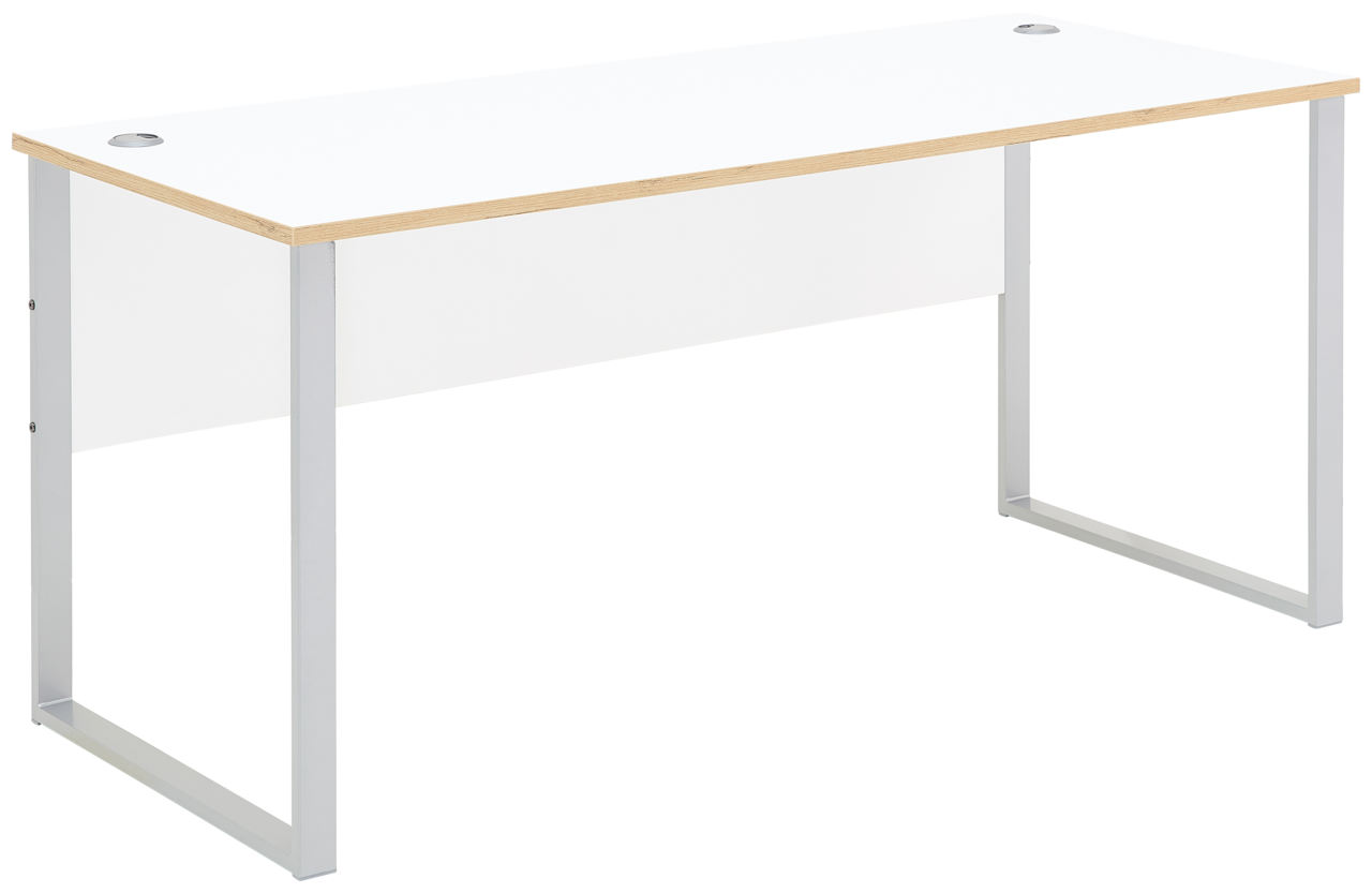 Moderner weißer Schreibtisch mit Metallbeinen, seitliche Perspektive