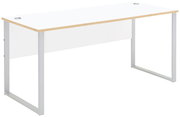 Moderner weißer Schreibtisch mit Metallbeinen, seitliche Perspektive