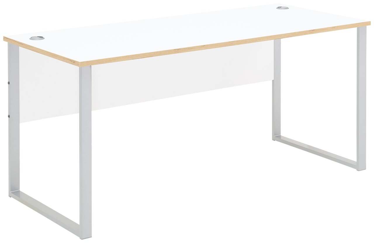 Moderner weißer Schreibtisch mit Metallbeinen, seitliche Perspektive