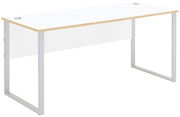 Moderner weißer Schreibtisch mit Metallbeinen, seitliche Perspektive