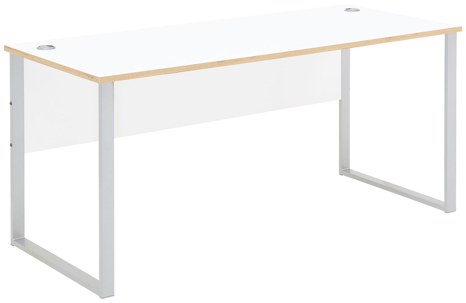 Moderner weißer Schreibtisch mit Metallbeinen, seitliche Perspektive