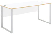 Moderner weißer Schreibtisch mit Metallbeinen, seitliche Perspektive