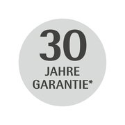 Rundes Siegel mit der Aufschrift '30 Jahre Garantie' in schwarzer Schrift auf grauem Hintergrund, frontal betrachtet.