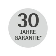 Rond zegel met het opschrift '30 jaar garantie' in zwarte letters op een grijze achtergrond, gezien van voren.