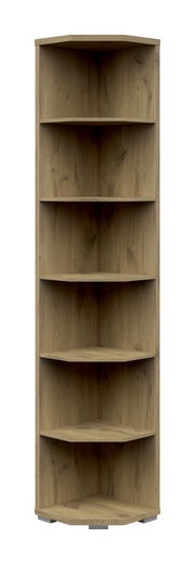 Eckregal 6OH aus Holz mit fünf Regalböden, frontale Ansicht