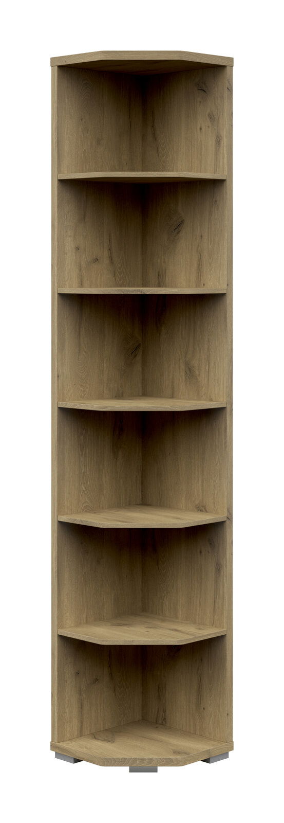 Eckregal 6OH aus Holz mit fünf Regalböden, frontale Ansicht