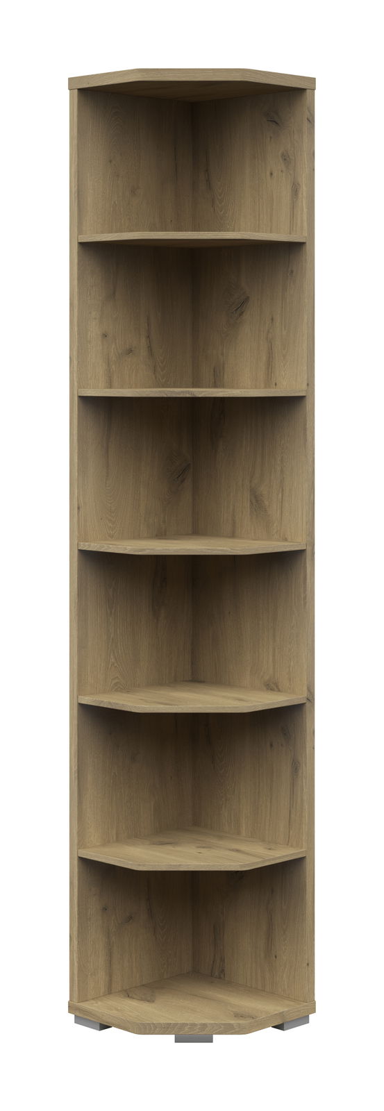 Eckregal 6OH aus Holz mit fünf Regalböden, frontale Ansicht
