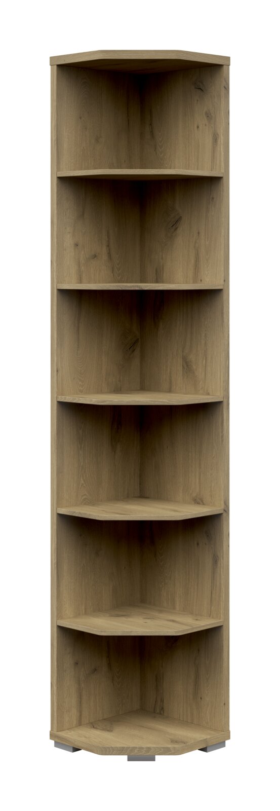 Eckregal 6OH aus Holz mit fünf Regalböden, frontale Ansicht