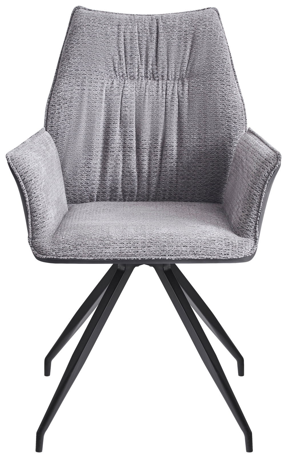 Grauer Armlehnstuhl mit gepolstertem Sitz und Rückenlehne, schwarzes Metallgestell, Frontalansicht