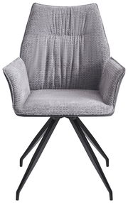 Grauer Armlehnstuhl mit gepolstertem Sitz und Rückenlehne, schwarzes Metallgestell, Frontalansicht