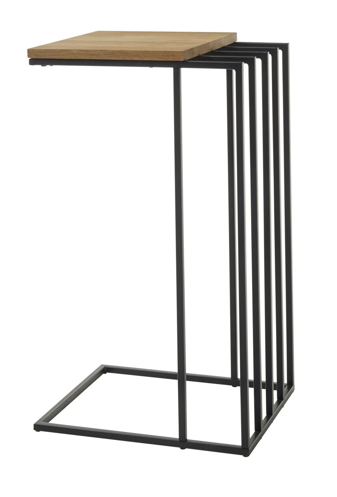 Moderner Beistelltisch mit Holzplatte und schwarzem Metallgestell, seitliche Perspektive