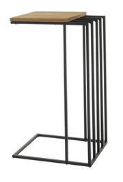 Moderner Beistelltisch mit Holzplatte und schwarzem Metallgestell, seitliche Perspektive