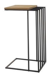 Moderner Beistelltisch mit Holzplatte und schwarzem Metallgestell, seitliche Perspektive