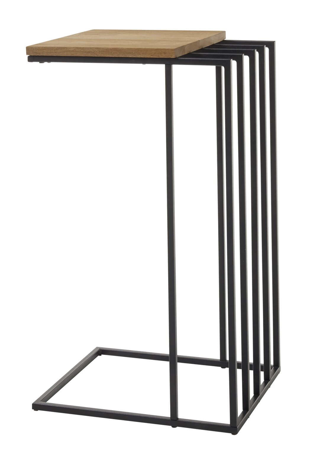 Moderner Beistelltisch mit Holzplatte und schwarzem Metallgestell, seitliche Perspektive