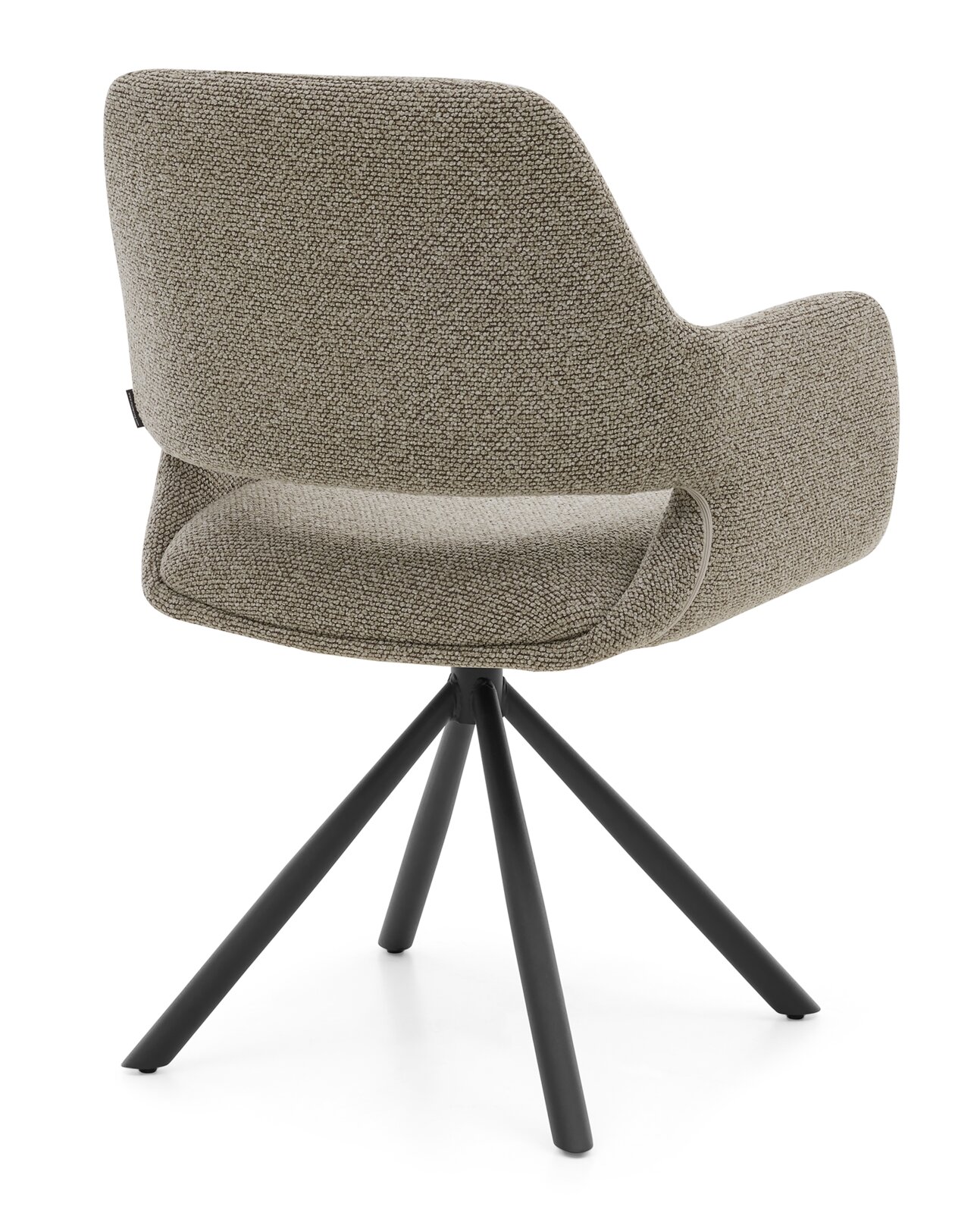 Achterkant van een moderne fauteuil met grijze stoffen bekleding en een zwart metalen frame.