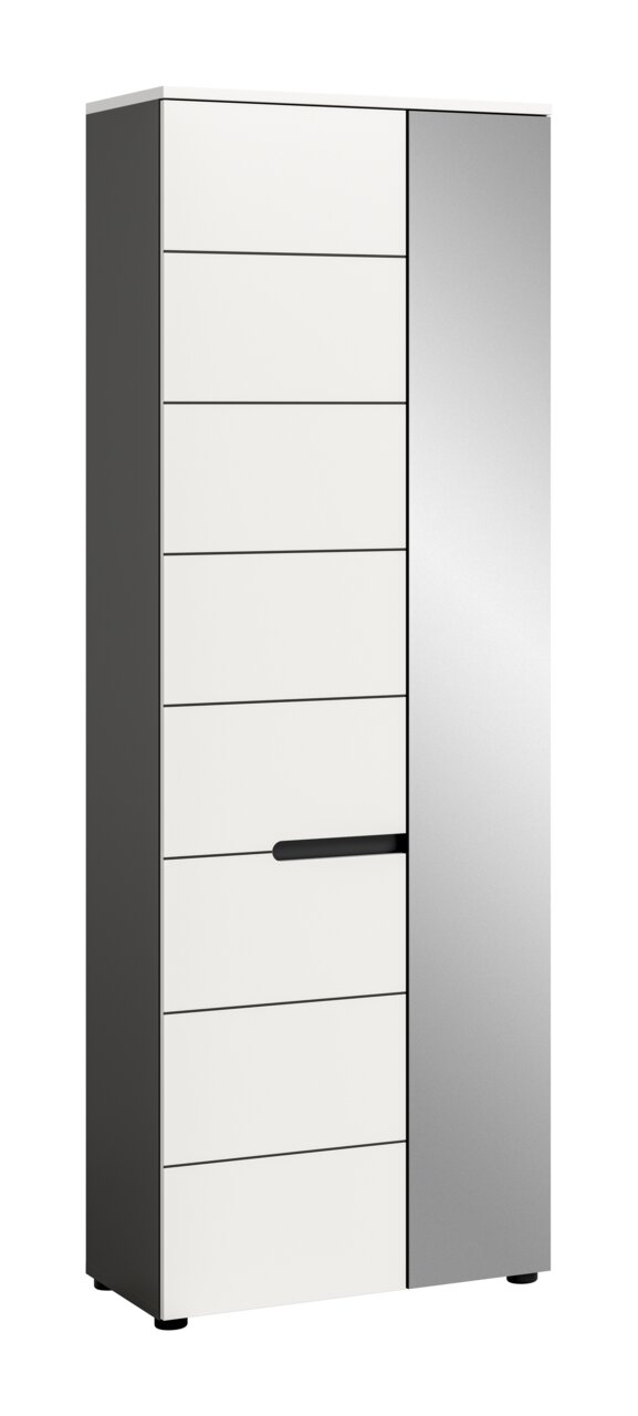 MID.YOU Garderobenschrank CANU Moderner, hoher Schrank in Weiß mit grauer Tür und schwarzem Griff, freistehend auf Füßen, in schräger Frontansicht von links
