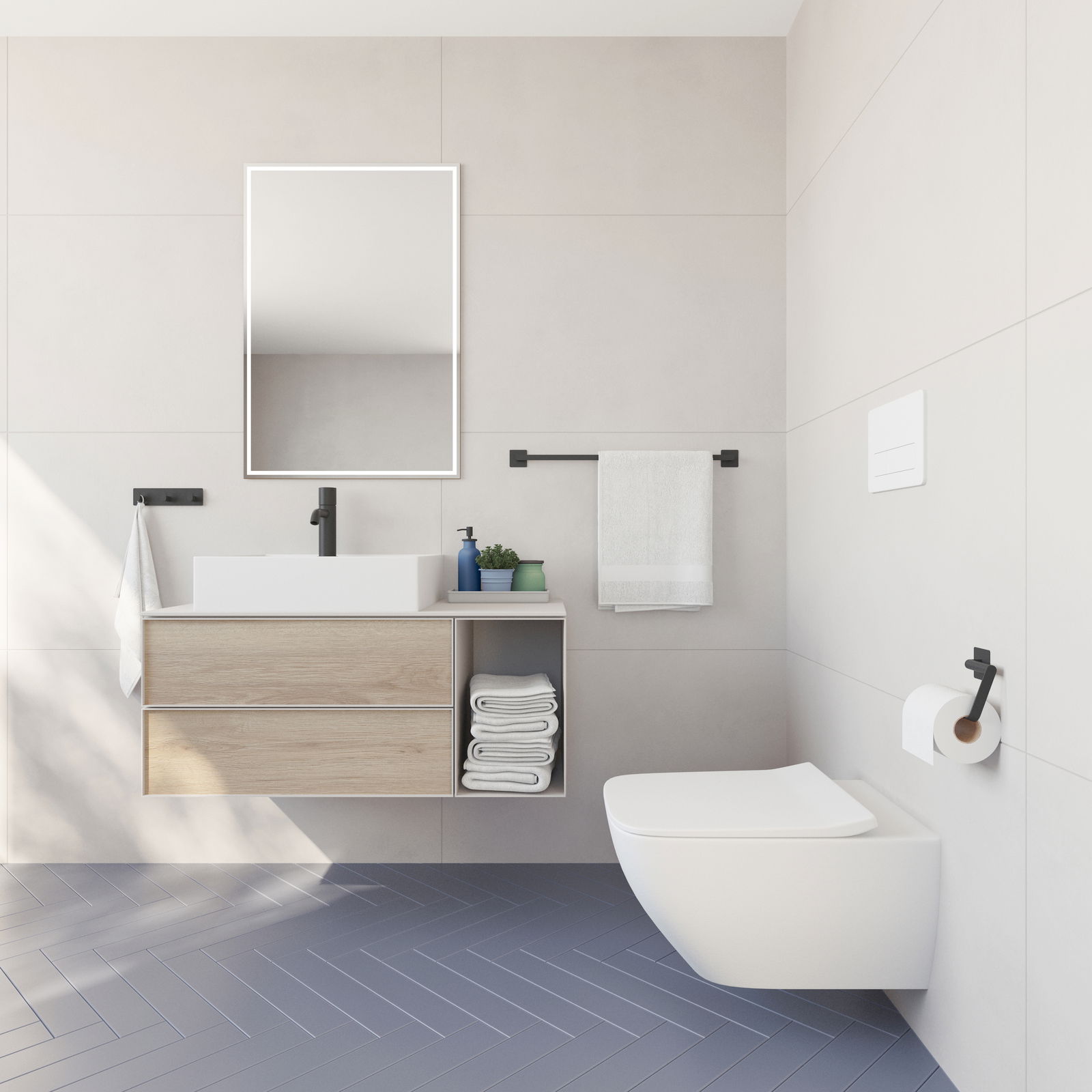 Moderner Toilettenpapierhalter in Schwarz, seitliche Perspektive im stilvollen Badezimmer.