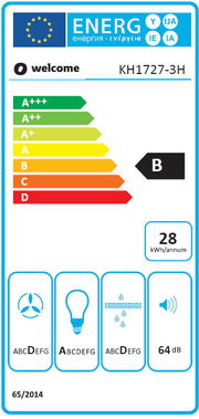Energieeffizienzlabel für ein Küchengerät mit der Klasse B, einem Energieverbrauch von 28 kWh pro Jahr und einer Lautstärke von 64 dB. Frontalansicht.