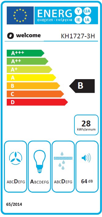 Energieeffizienzlabel für ein Küchengerät mit der Klasse B, einem Energieverbrauch von 28 kWh pro Jahr und einer Lautstärke von 64 dB. Frontalansicht.