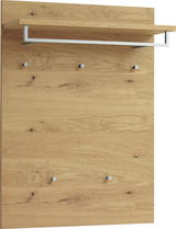 Garderobenpaneel aus Holz mit fünf Haken und einer Ablage, frontal betrachtet.