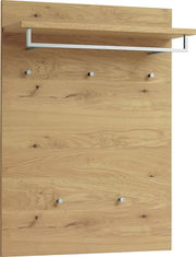 Garderobenpaneel aus Holz mit fünf Haken und einer Ablage, frontal betrachtet.