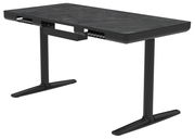 Moderner E-Schreibtisch mit schwarzer Tischplatte und stabilen T-Füßen, seitliche Perspektive