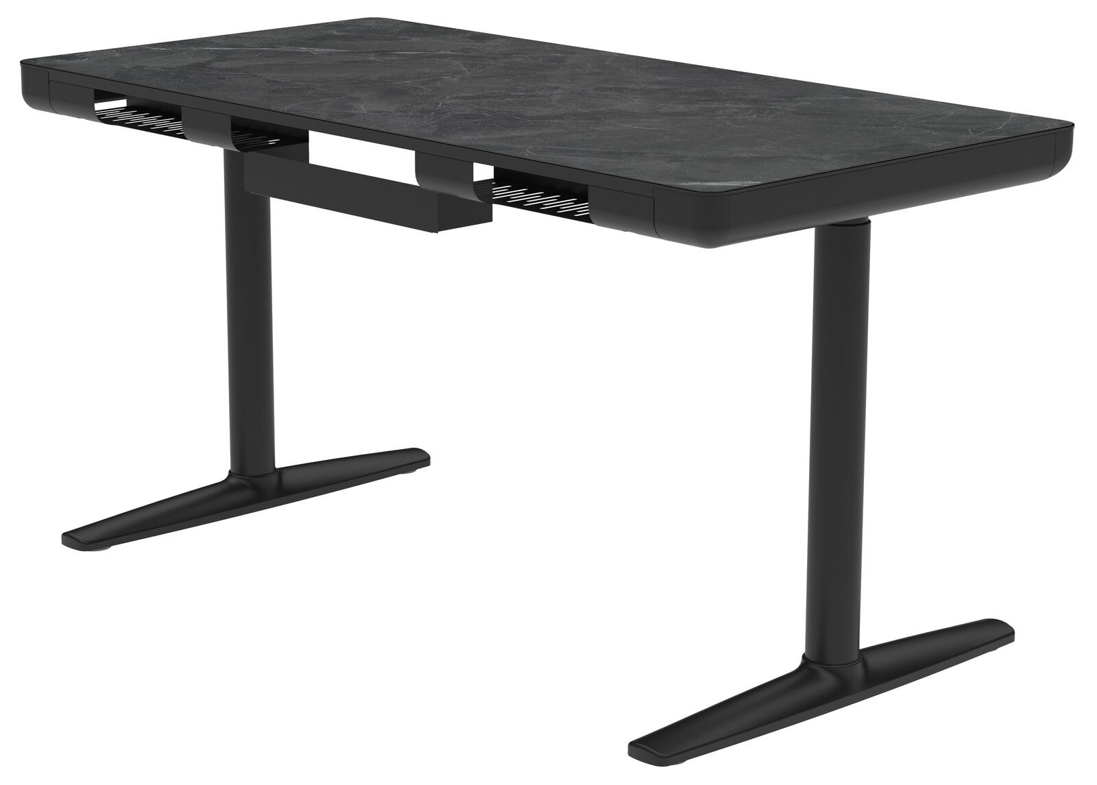 Moderner E-Schreibtisch mit schwarzer Tischplatte und stabilen T-Füßen, seitliche Perspektive