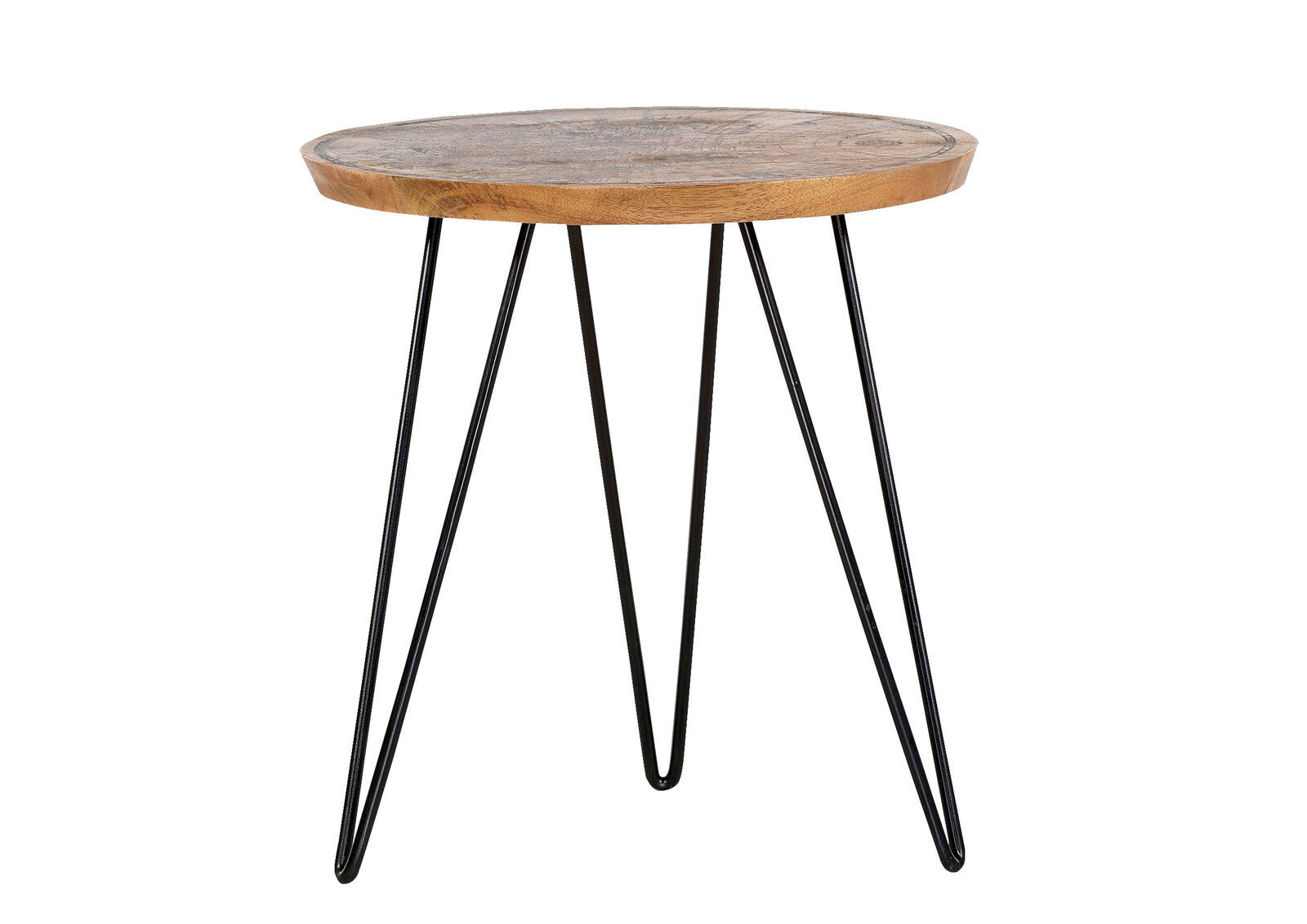 Runder Beistelltisch mit Holzplatte und schwarzen Metallbeinen, seitliche Perspektive