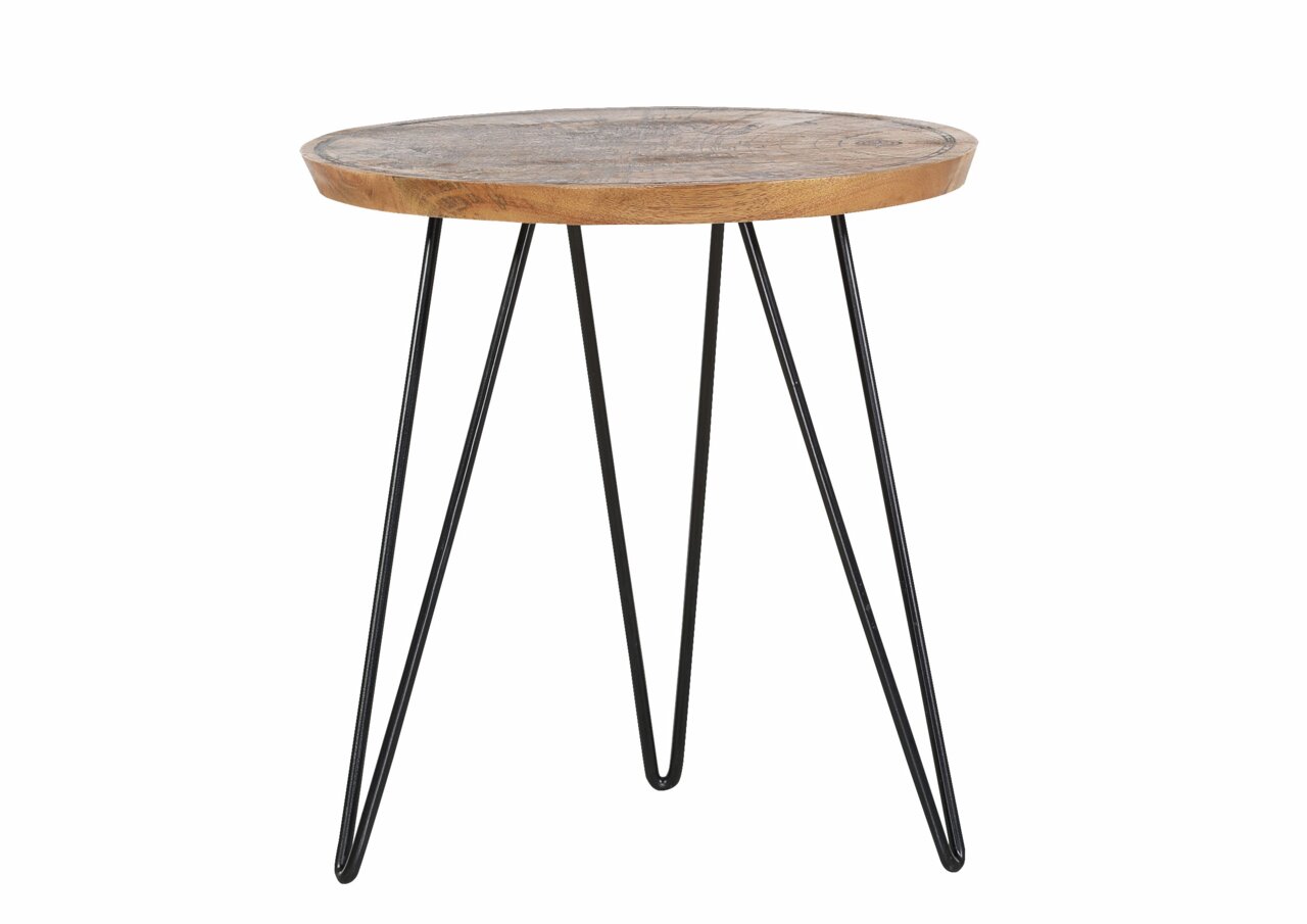 Runder Beistelltisch mit Holzplatte und schwarzen Metallbeinen, seitliche Perspektive